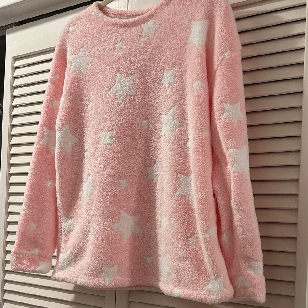 Super !! Pink Star Patterned Fleece Sweater. M.